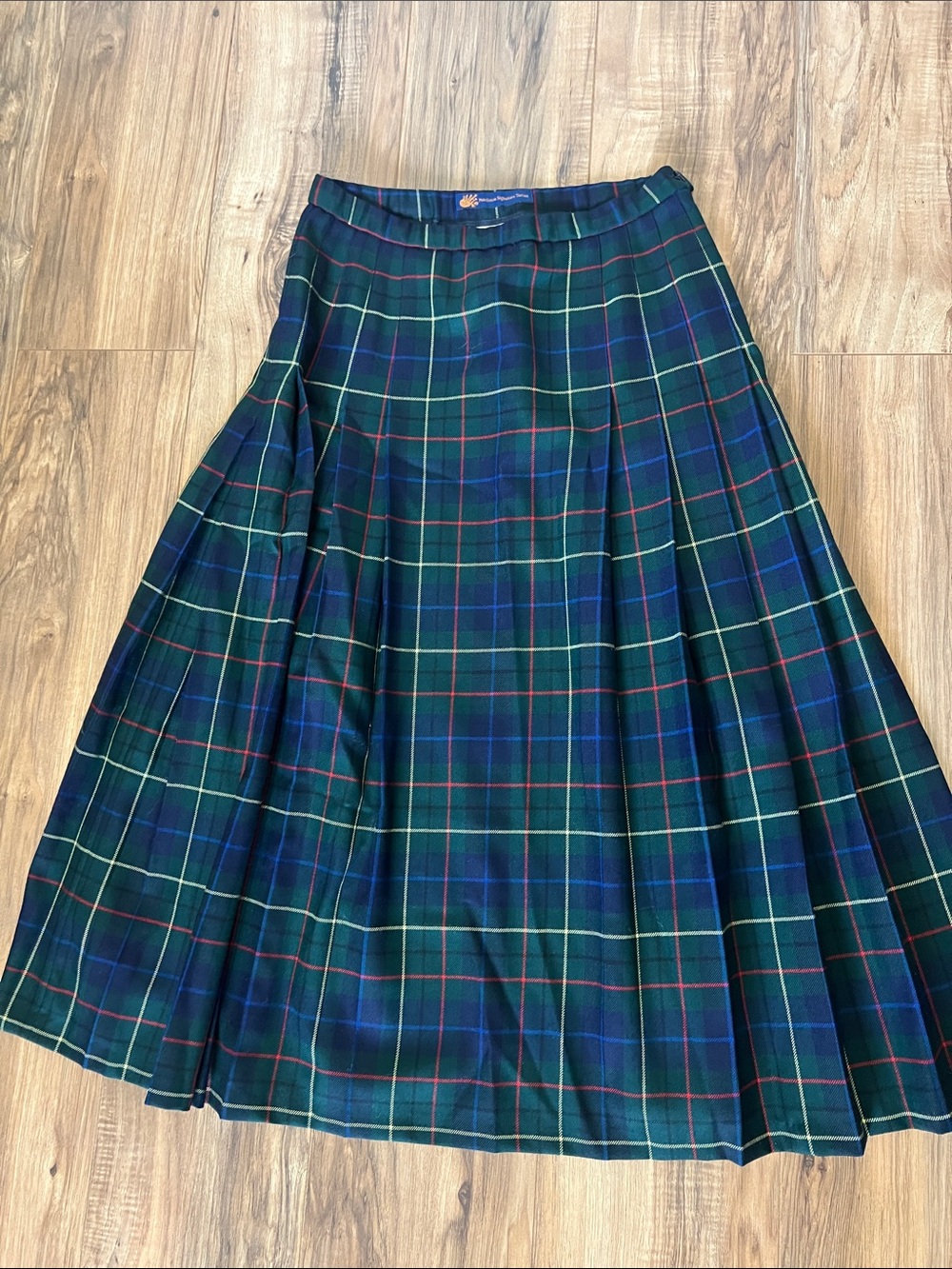 Vintage Pendleton Wool Tartan Pleated Midi Skirt - Green/Navy Sz 12